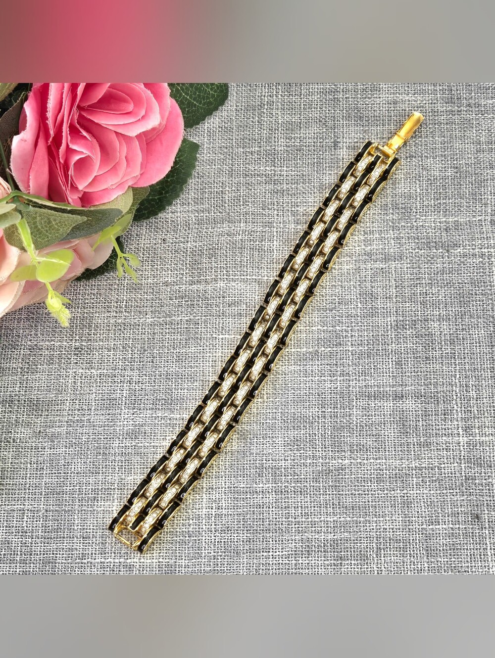 Vintage Gold Tone Black Enamel Link Bracelet Rhinestone Deco Panther Style 7"